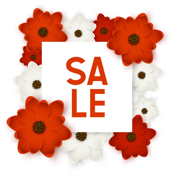 Red paper flowers frame with sale message - Vetor, Imagem
