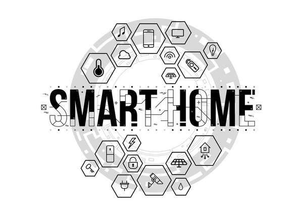 Smart Home. konzeptionelles Layout mit hud-Elementen für Print und Web. Schriftzug mit futuristischen Bedienelementen. - Vektor, Bild