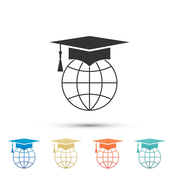 Capa de graduação no ícone do globo isolado no fundo branco. Símbolo da educação mundial. Aprendizagem online ou conceito de e-learning. Definir elementos em ícones de cor. Ilustração vetorial
 - Vetor, Imagem