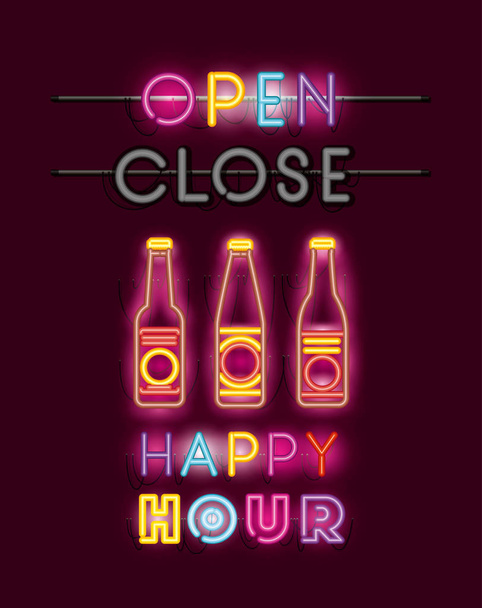 happy hour bira şişeleri yazı tipleri neon ışıkları - Vektör, Görsel