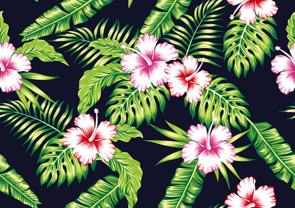 Tropical plants and hibiscus flowers seamless black background - Vektor, obrázek