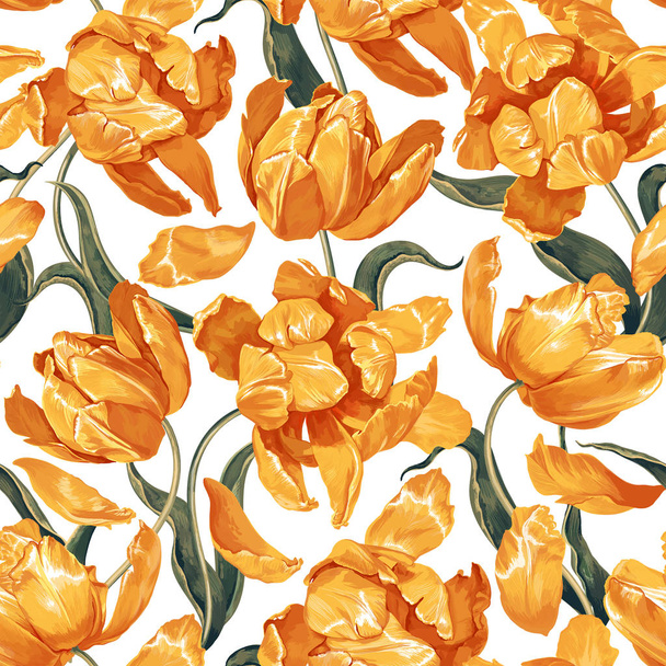 Floral seamless pattern with yellow tulips. Spring flowers background - Вектор,изображение