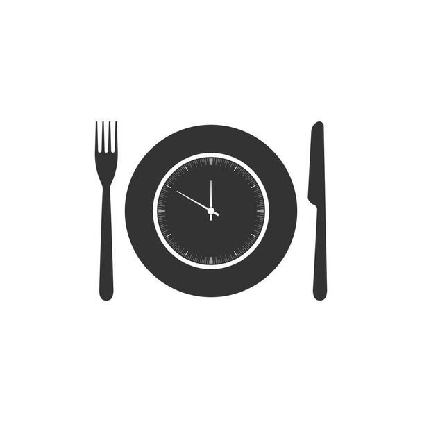 Platte mit Uhr, Gabel und Messer Ikone isoliert. Mittagszeit. Ernährung, Essenszeit und Ernährungskonzept. flache Bauweise. Vektorillustration - Vektor, Bild