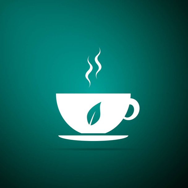 Šálek čaje a list ikony izolované na zeleném pozadí. Plochý design. Vektorové ilustrace - Vektor, obrázek