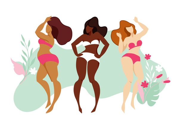Beautiful girls of different skin colors posing in bright swimsuits on background of tropical flowers. Love for your body. Body positive - ベクター画像