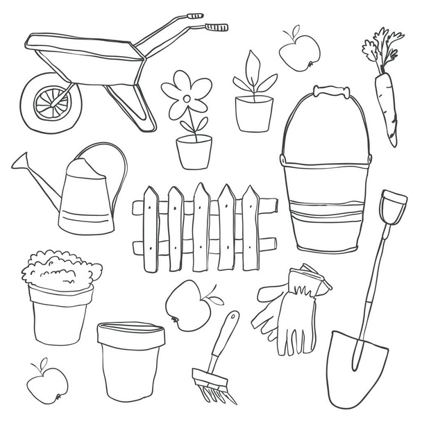 Ilustración vectorial de elementos de jardinería esquema
 - Vector, imagen