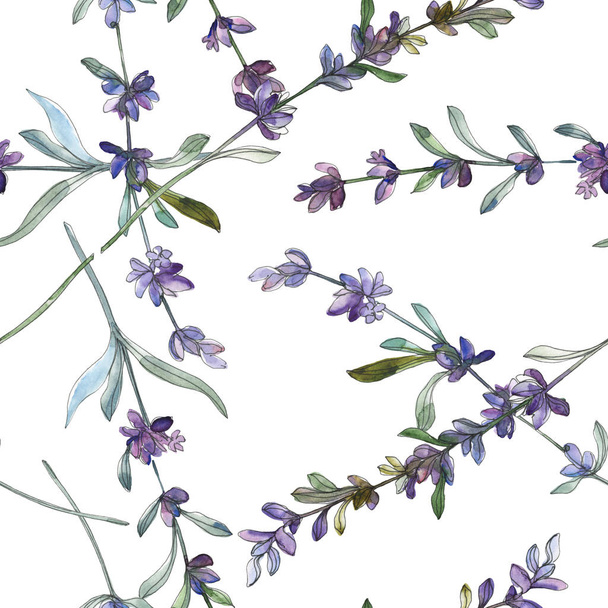 Purple lavender floral botanical flower. Wild spring leaf wildflower. Watercolor illustration set. Watercolour drawing fashion aquarelle. Seamless background pattern. Fabric wallpaper print texture. - 写真・画像
