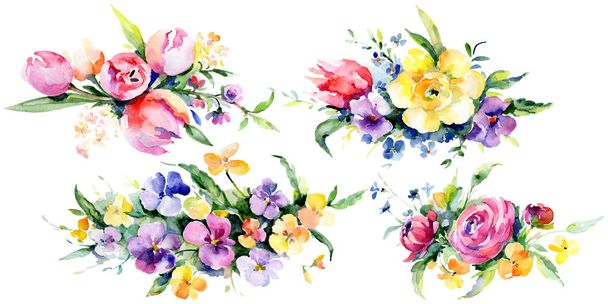 Bouquets floral botanical flowers. Wild spring leaf wildflower isolated. Watercolor background illustration set. Watercolour drawing fashion aquarelle isolated. Isolated bouquet illustration element. - Photo, Image