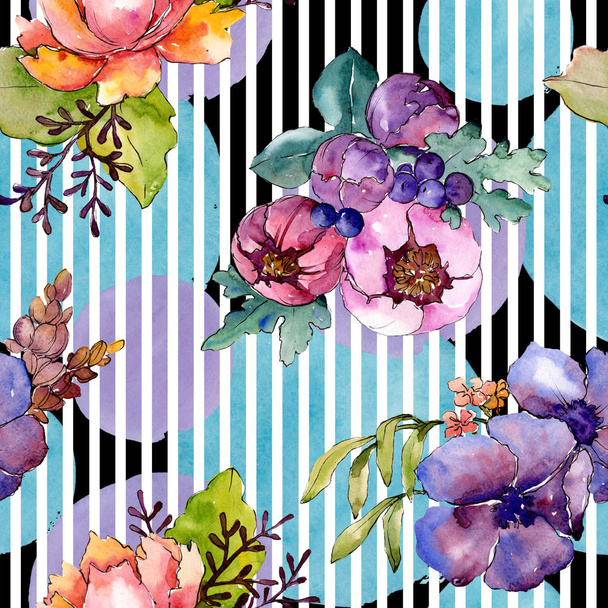 Blue purple bouquet botanical flowers. Wild spring leaf wildflower. Watercolor illustration set. Watercolour drawing fashion aquarelle. Seamless background pattern. Fabric wallpaper print texture. - Valokuva, kuva