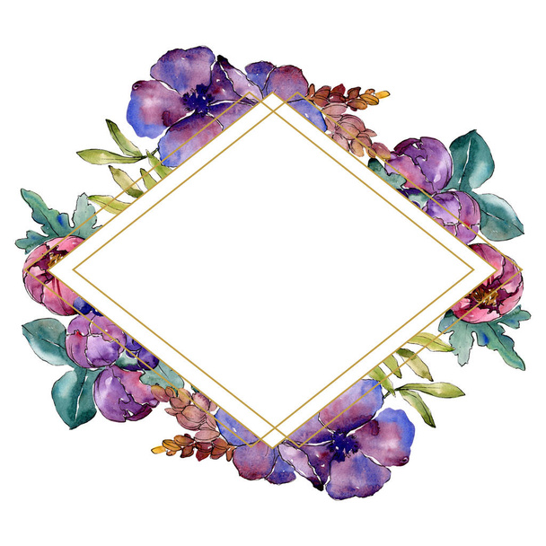 Blue purple bouquet floral botanical flowers. Wild spring leaf wildflower isolated. Watercolor background illustration set. Watercolour drawing fashion aquarelle. Frame border ornament square. - Photo, Image