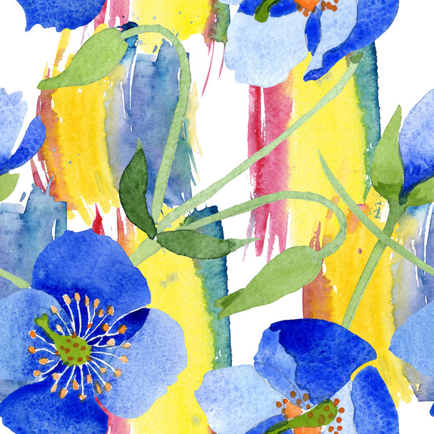 Blue poppy botanical flowers. Wild spring leaf wildflower isolated. Watercolor illustration set. Watercolour drawing fashion aquarelle. Seamless background pattern. Fabric wallpaper print texture. - Valokuva, kuva