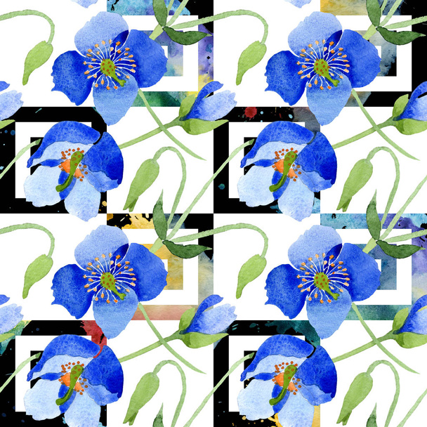 Blue poppy botanical flowers. Wild spring leaf wildflower isolated. Watercolor illustration set. Watercolour drawing fashion aquarelle. Seamless background pattern. Fabric wallpaper print texture. - Photo, Image