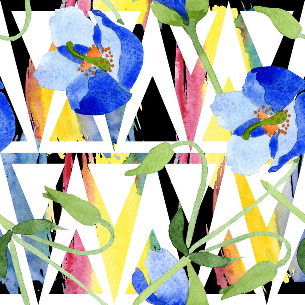 Kék mák botanikai virágok. Vad tavaszi levél vadvirág elszigetelt. Akvarell illusztráció készlet. Akvarell rajz divat aquarelle. Varratmentes háttérben minta. Anyagot a nyomtatási textúrát. - Fotó, kép