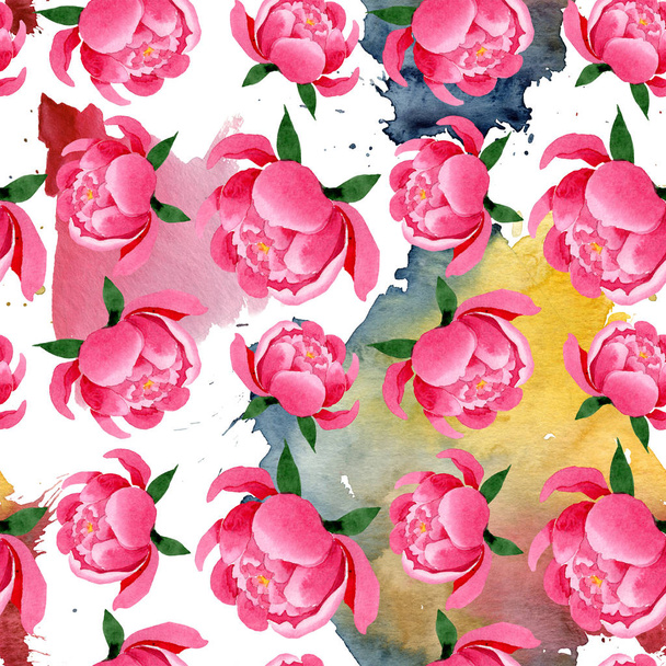 Botanische Blüten der rosa Pfingstrose. wildes Frühlingsblatt Wildblume isoliert. Aquarell-Illustrationsset vorhanden. Aquarell zeichnen Mode-Aquarell. nahtlose Hintergrundmuster. Stoff Tapete drucken Textur. - Foto, Bild