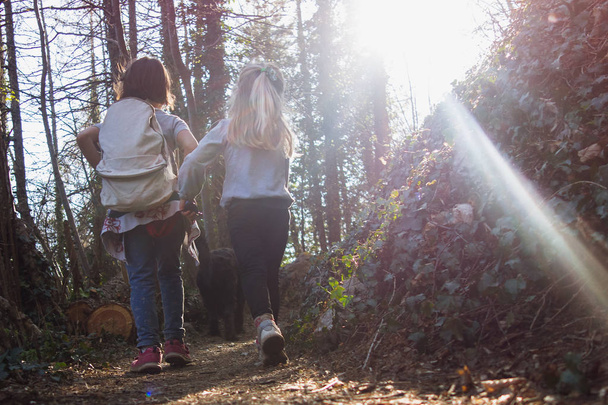 Κοριτσάκια είναι το περπάτημα στο μονοπάτι στο βουνό κατά τη διάρκεια ενός ταξιδιού με - Φωτογραφία, εικόνα