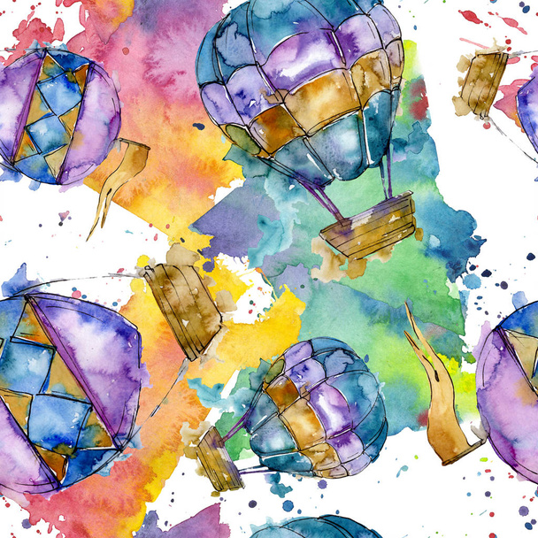Hot air balloon background fly air transport illustration. Watercolor background set. Watercolour drawing fashion aquarelle isolated. Seamless background pattern. Fabric wallpaper print texture. - Φωτογραφία, εικόνα