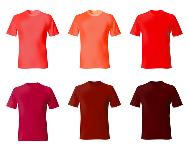 Шаблон дизайна футболки. Установить мужчин рубашки красного цвета. Реалистичный мок
 - Вектор,изображение