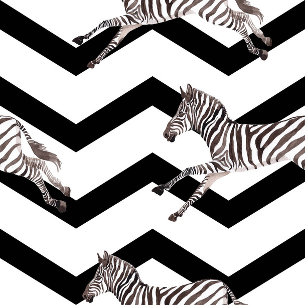 Egzotik zebra vahşi hayvan suluboya tarzında. Vahşi hayvan arka plan illüstrasyon için ayarlayın. Suluboya çizim moda aquarelle. Sorunsuz arka plan deseni. Kumaş duvar kağıdı yazdırma doku. - Fotoğraf, Görsel