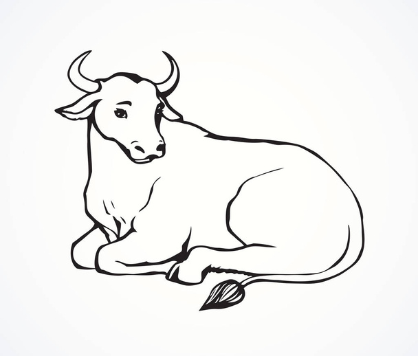 Illustrazione del contorno vettoriale della mucca sdraiata con grandi corna
 - Vettoriali, immagini