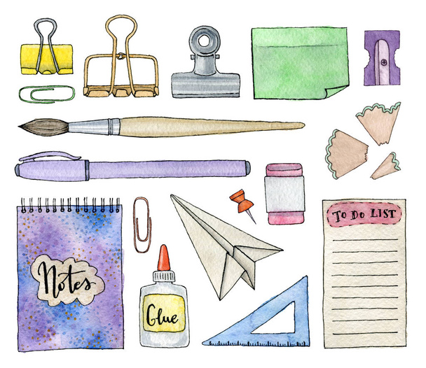 back to school. watercolor set of illustrations. stationery and school stuff.  hand painted isolated elements. - Photo, Image