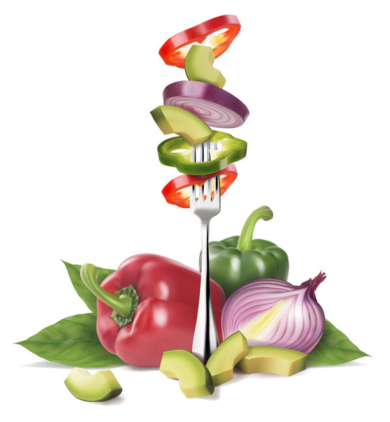 Composition from fresh vegetables. Cut vegetables on a fork with - Vector, Image