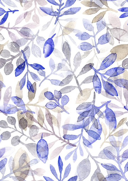 Aquarel handgeschilderde bladeren en takken. naadloze patroon op een witte achtergrond - Foto, afbeelding