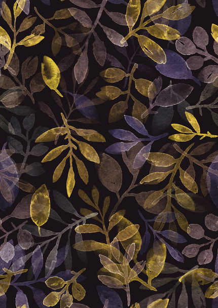 水彩の手描きの葉と枝。暗い背景にシームレス パターン. - 写真・画像