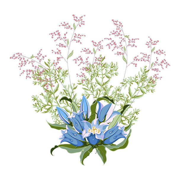 Virág csokor, kézzel rajzolt vadvirágok bluebell és virágzó üröm - Vektor, kép