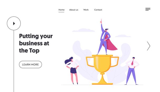 Business Team Spirit Creative Success, Career Cooperation Concept with Happy Proud Businesspeople Characters with Gold Cup Prize Award for Landing Page, Website, Web Page. Flat Vector Illustration - Vector, Image