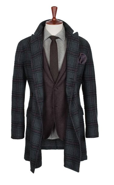 Luxury men's maroon checkered coat, green jacket, gray shirt and black tie, set on tailor's mannequin, clipping, isolated on white background - Photo, Image