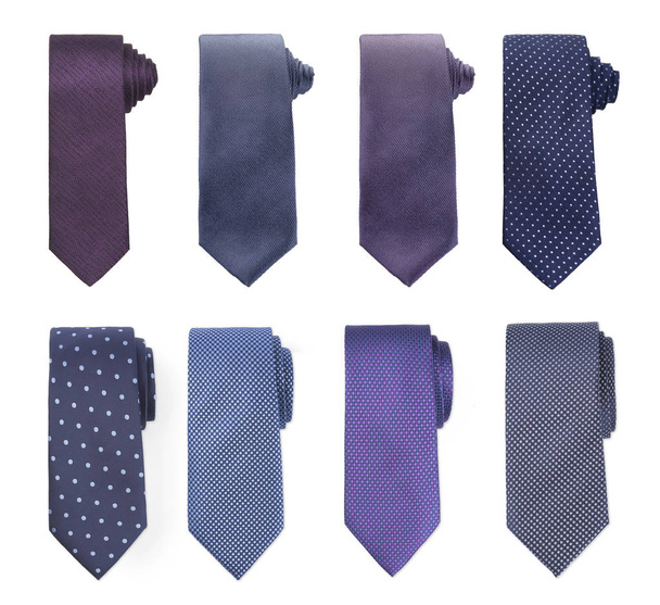 Conjunto de lujo de varias corbatas de hombre multicolores, planas, maqueta, recorte, aisladas sobre fondo blanco
 - Foto, Imagen