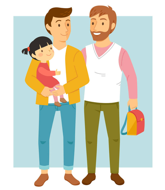 Szczęśliwa para gejów mężczyzna trzymając ich adoptowaną córką i uśmiecha się radośnie - Wektor, obraz