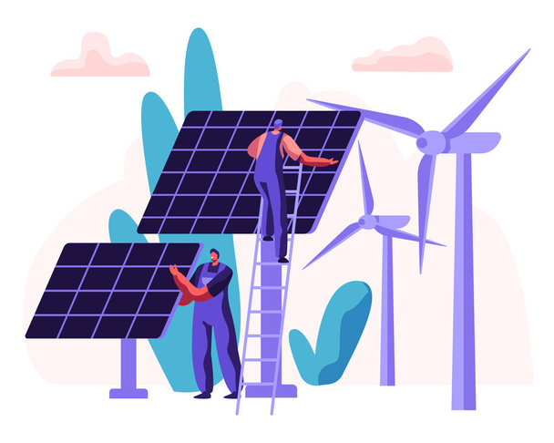 代替クリーン エネルギーのソーラー パネル、風力タービンとエンジニアの文字概念。風車と再生可能なエネルギー源。ベクトル フラット図 - ベクター画像