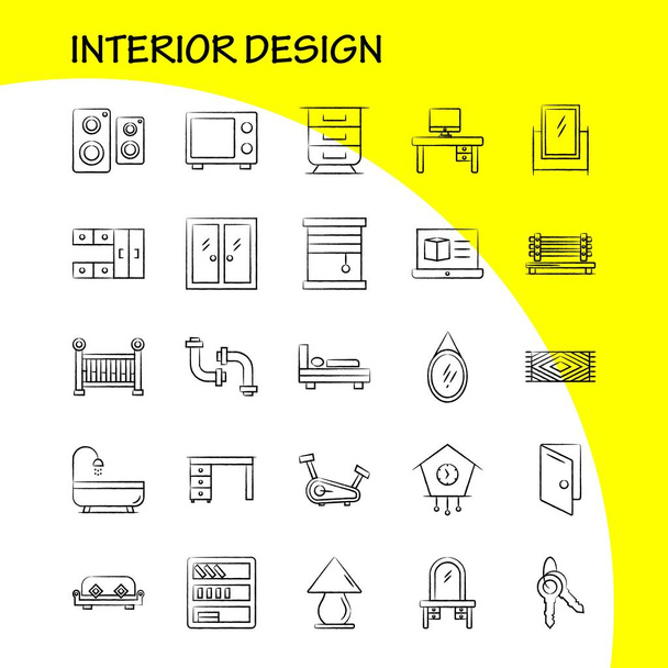 インテリア デザインの手描きアイコン設定インフォ グラフィック、モバイル Ux/Ui キットと印刷のデザイン。以下のカーペット、家具、家庭用、窓、家、家、ドア、入り口、Eps 10 - ベクトル - ベクター画像