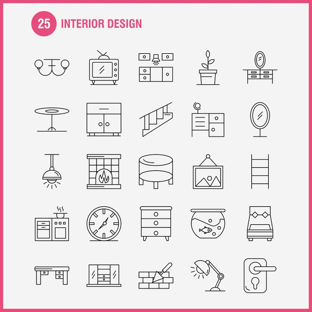 Interior Design Line Icons Set For Infographics, Mobile UX/UI Kit And Print Design. Include: Bedroom, Cupboard, Furniture, House, Wardrobe, Television, Tv, House, Icon Set - Vector - Vector, Image