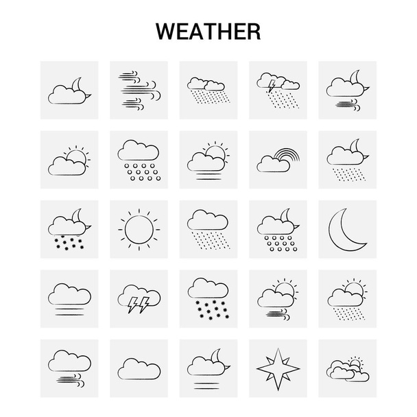 25 Hand Drawn Weather icon set. Gray Background Vector Doodle - Vector, Imagen
