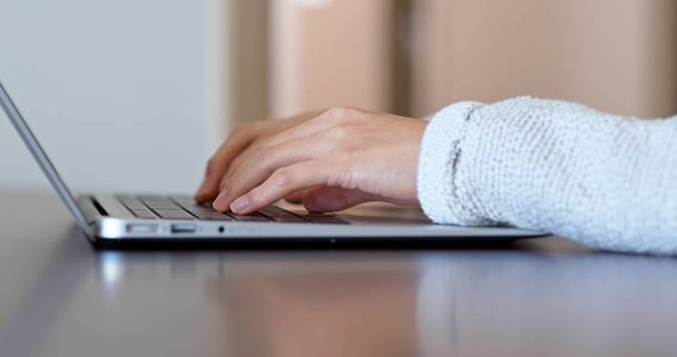Nainen tyyppi näppäimistöllä kannettavan tietokoneen kotona
 - Valokuva, kuva