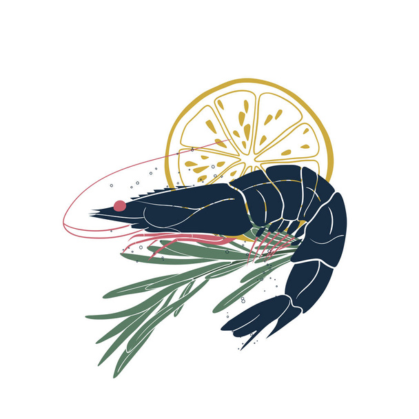 Ícone vetorial com camarão, alecrim e fatia de limão isolado sobre fundo branco. ilustração de frutos do mar para o seu projeto
 - Vetor, Imagem