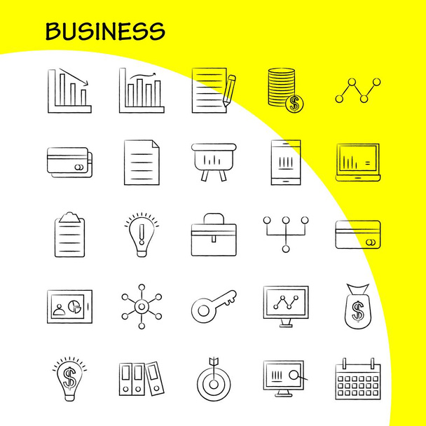 Business  Hand Drawn Icons Set For Infographics, Mobile UX/UI Kit And Print Design. Include: Globe, Internet, Network, Vector, Passport, Euro, Book, Document, Collection Modern Infographic Logo and Pictogram. - Vector - Vector, Image