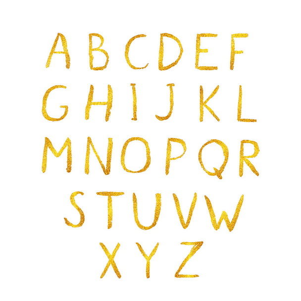 Gold glitter shiny vector alphabet. Hand drawn golden letters A-Z isolated on white. Sans serif modern font. Latin uppercase handwriting symbols. Easy to edit template for your designs. - Вектор,изображение