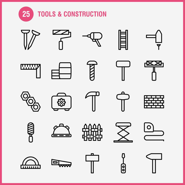 Araçları ve inşaat satır Icon Pack için tasarımcılar ve geliştiriciler. Kutusu, Case, dişli, inşaat, inşaat, ölçü birimi, teyp, teyp vektör simgeleri - Vektör, Görsel