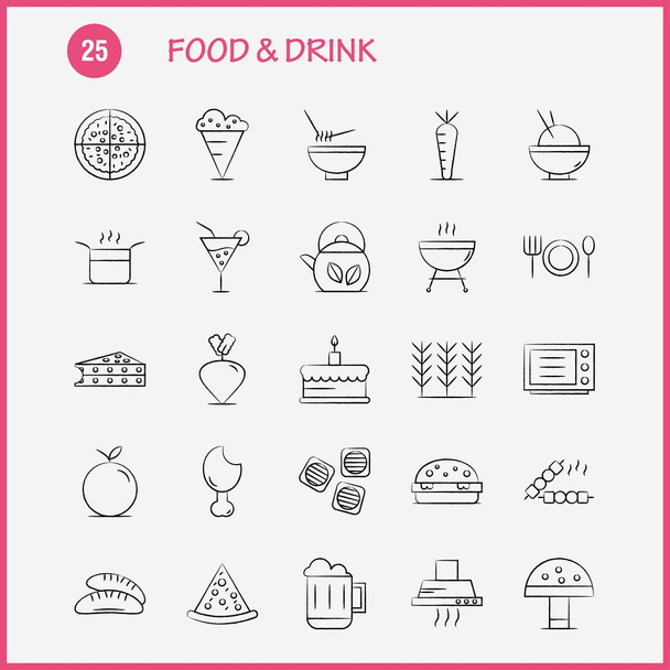 Essen und Trinken handgezeichnete Symbole Set für Infografiken, mobile ux / ui Kit und Print-Design. umfassen: Lebensmittel, Restaurant, Abendessen, Getreide, Lebensmittel, Weizen, Grill, Fleisch, Symbol-Set - Vektor - Vektor, Bild