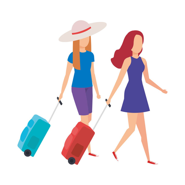 beautiful tourists girls with suitcases characters - Vector, Image