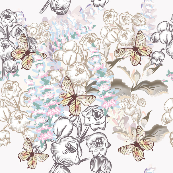 Floral seamless pattern with spring may  flowers and butterflies - Вектор, зображення