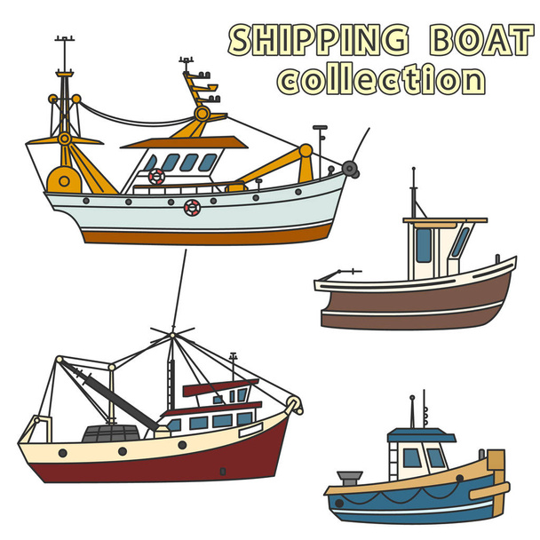 Conjunto de buques pesqueros en el mar. Ilustración de color vectorial
 - Vector, imagen