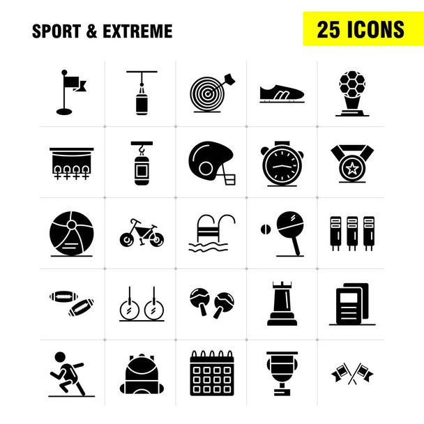 Sport i ekstremalnych glifów stałe ikony zestaw do infografiki, mobilnych Ux/Ui Kit i projektowania druku. Obejmują: Kalendarz, dzień, czas, Data, czas, zegar, zegarek, Timer, zestaw ikon - wektor - Wektor, obraz