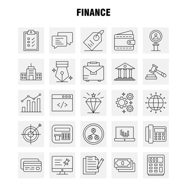 Finansowania linii zestaw ikon dla infografiki, mobilnych Ux/Ui Kit i projektowania druku. Obejmują: Komputer, Pin, tekst, finanse, Szukaj, badania, finanse, człowiek, zestaw ikon - wektor - Wektor, obraz