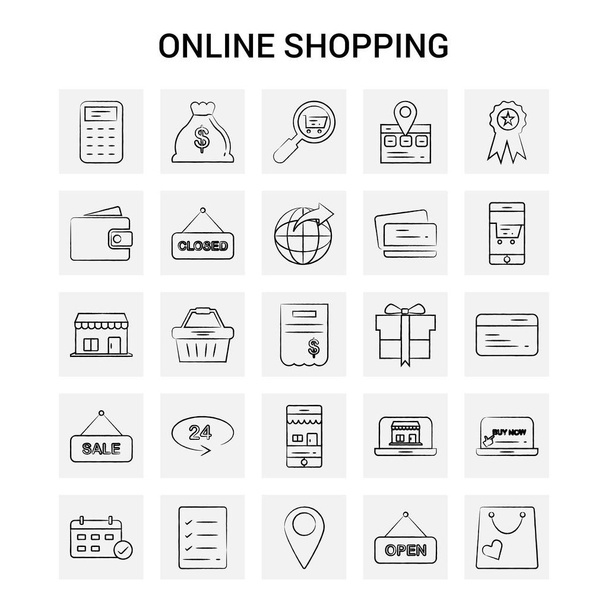 25 handgezeichnete Online-Shopping-Symbolsets. grauer Hintergrund Vektor Doodle - Vektor, Bild