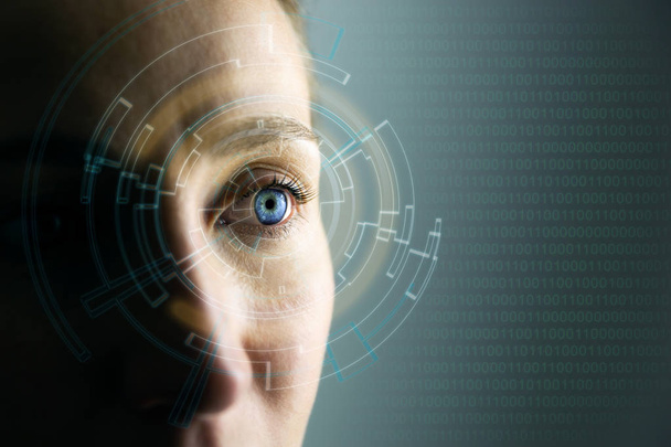 High Technologies in the future. Young woman's eye and high-tech - 写真・画像