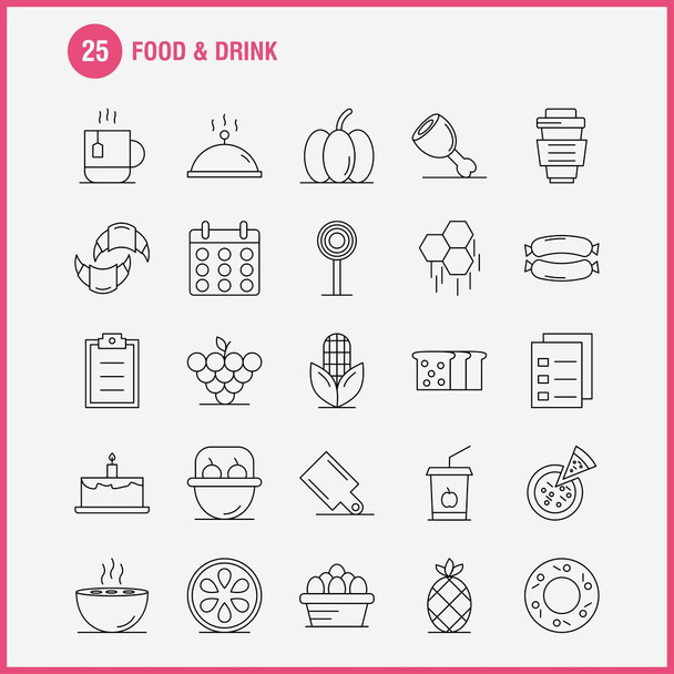 Ruoka ja juoma Line kuvakkeet asettaa Infographics, Mobile UX / UI Kit ja tulostaa suunnittelu. Sisältää: Aamiainen, Croissant, Ruoka, Ruoka, Hood, Keittiö, Ruoka, Kuuma Kuvakesetti - Vektori
 - Vektori, kuva